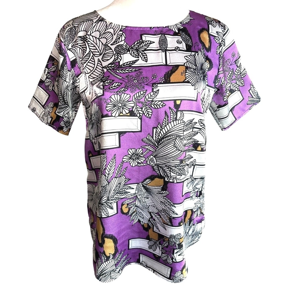 Olivia Rubin London Blouse Size 10 Purple Black Floral Print S/S Lined Satiny EU